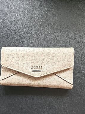 GUESS Beige Monogram Envelope Wallet with Silver Logo